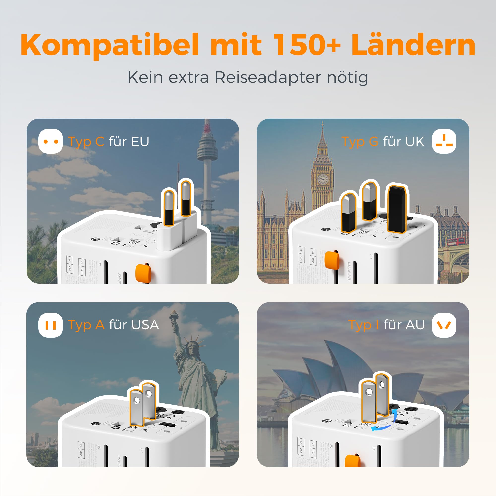 LENCENT 65W Reisadapter Wereldwijd, GaN3 Snellader Universele Reisstekker met 2 PD3.0 USB C 2 QC USB, Alles in één Internationale Stekker voor Telefoon Laptop voor 200 Landen EU UK DE VS Type A/C/G/I