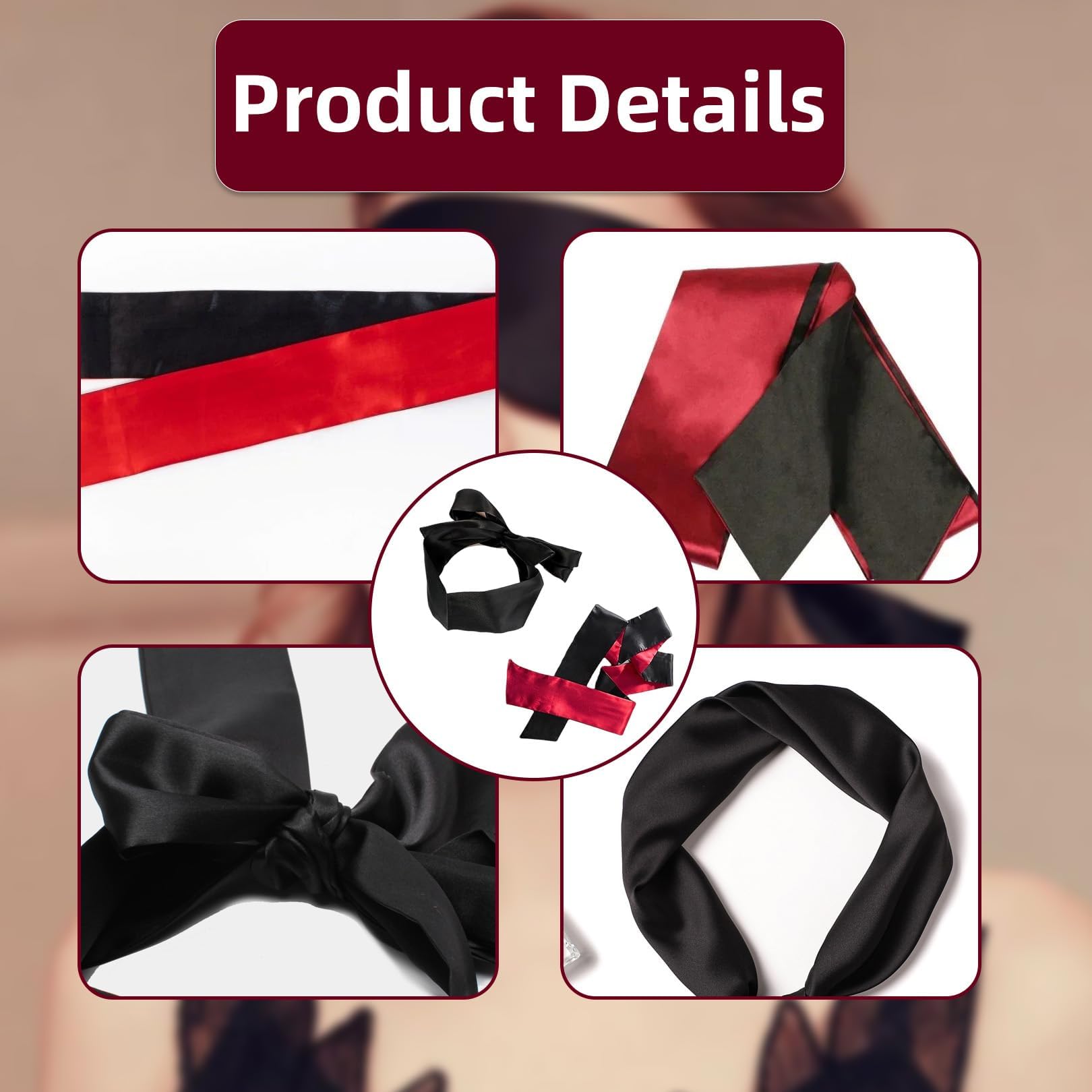 Set di 2 bendaggi per adulti, morbidi e confortevoli, per coppie, regolabili, in raso, per adulti, regalo per San Valentino, viaggi, meditazione (nero rosso)