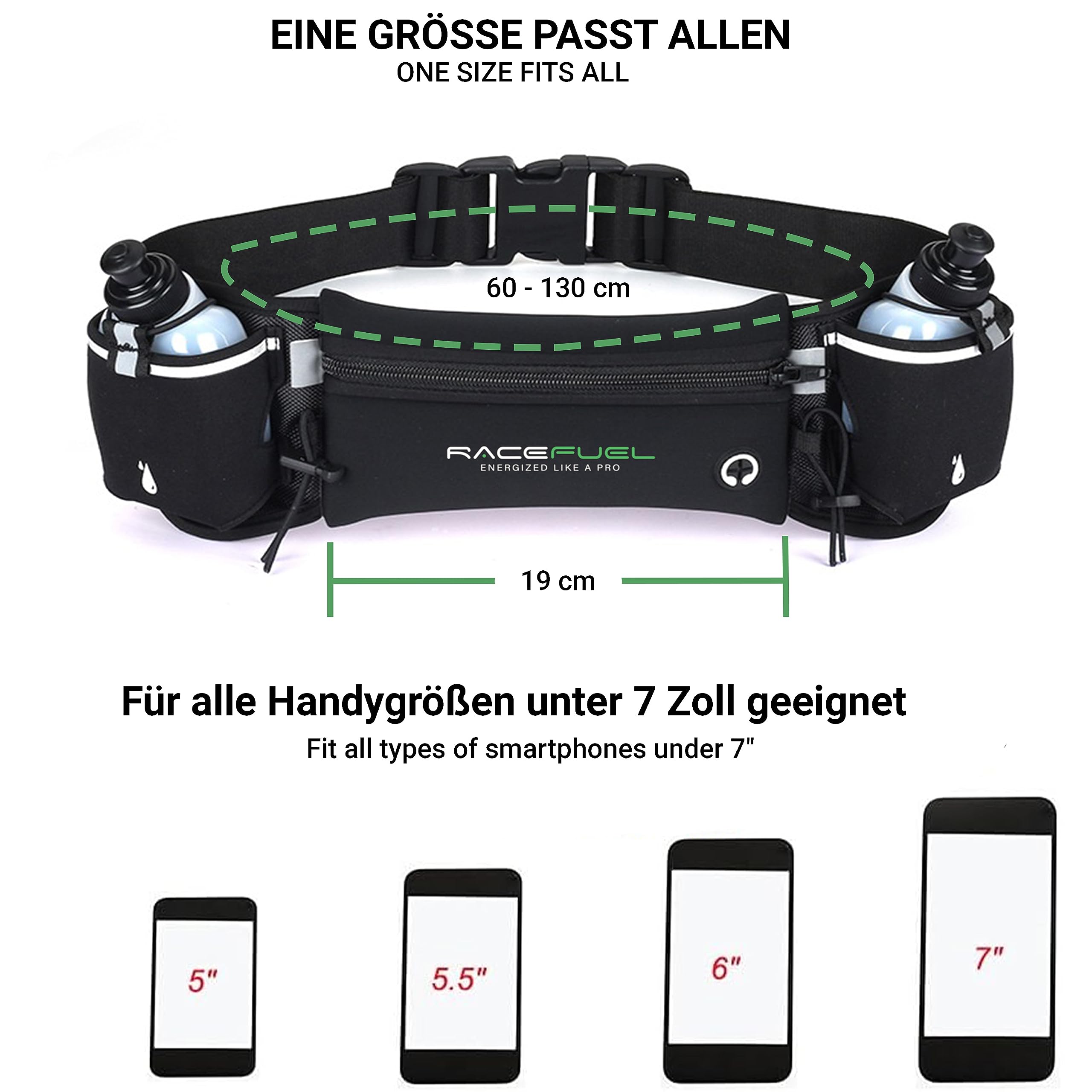 RACEFUEL Laufgürtel Trinkgürtel Gürteltasche Inclusive 2X 200ml Trinkflaschen, wasserdicht, mit Fach für Handy, ideal für Triathlon, Laufen, Fahrradfahren (schwarz)