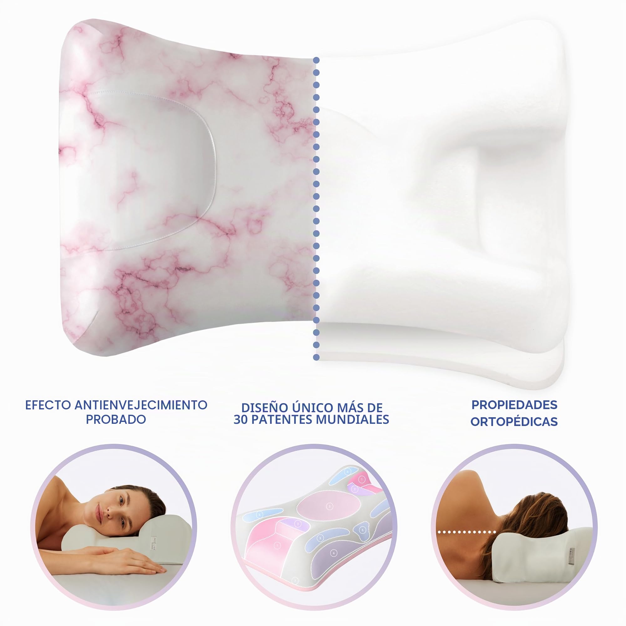 Sleep&Glow Omnia - Cojín antiarrugas de seda premium, antiarrugas, diseñado por ortopedistas, ajuste de altura para espalda y de lado, fabricado en Europa, mármol rosa