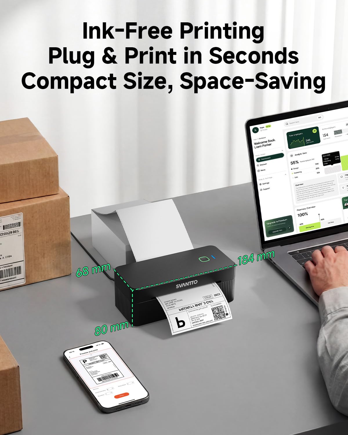 SVANTTO Bluetooth Etikettendrucker 4x6, DHL Thermodrucker für Versandetiketten 100 x 150 mm, Labeldrucker ohne Tinte für iOS Android Windows Mac, kompatibel mit Shopify, Etsy, DHL, UPS, Schwarz