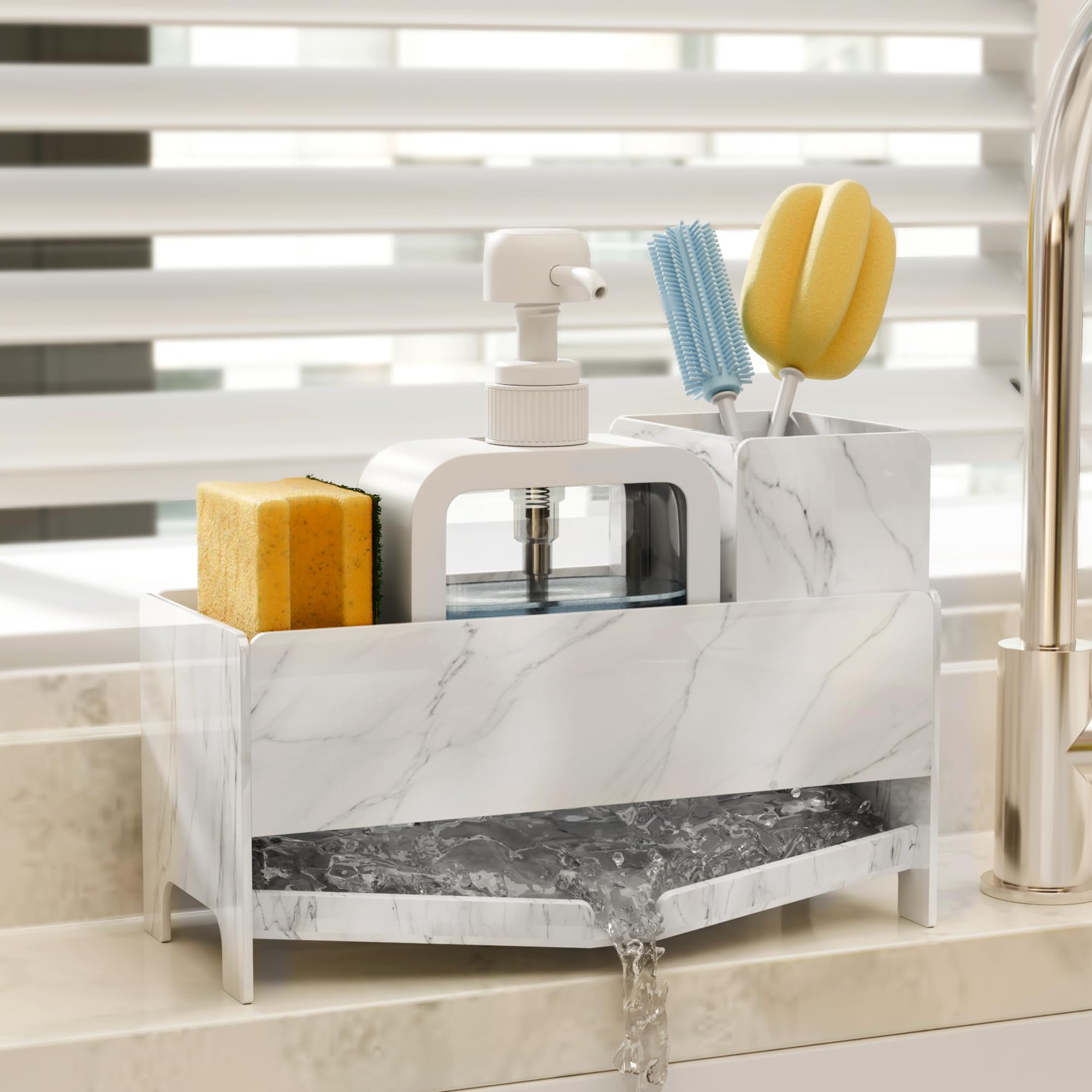 Sponge Holder for Kitchen Sink Acrylic Sink Caddy Organizer with Removable Brush Holder Countertop Soap Dispenser Organizer with