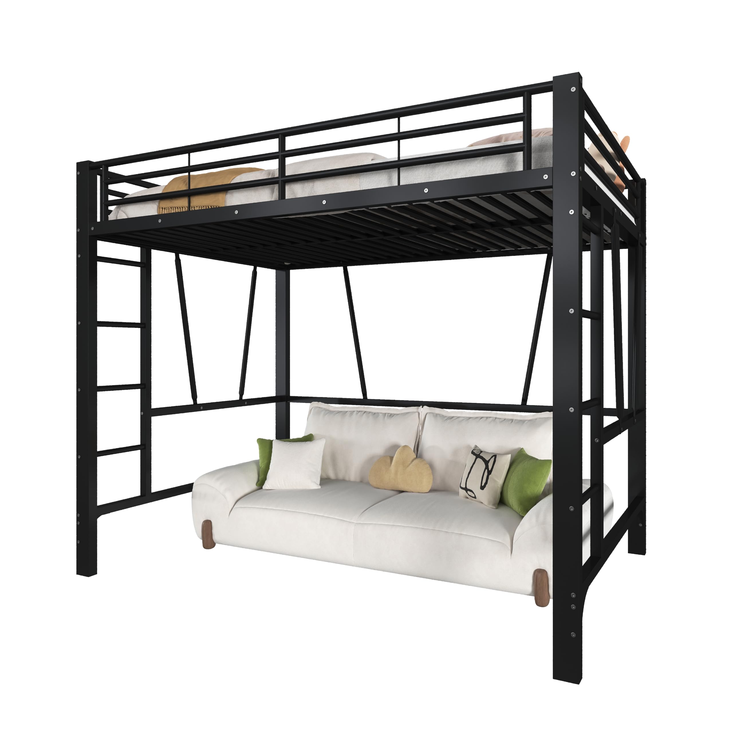 Lcoho Cama alta de 140 x 200 cm, estructura de metal, escalera doble, diseño abierto debajo de la cama, sin colchón, color negro.