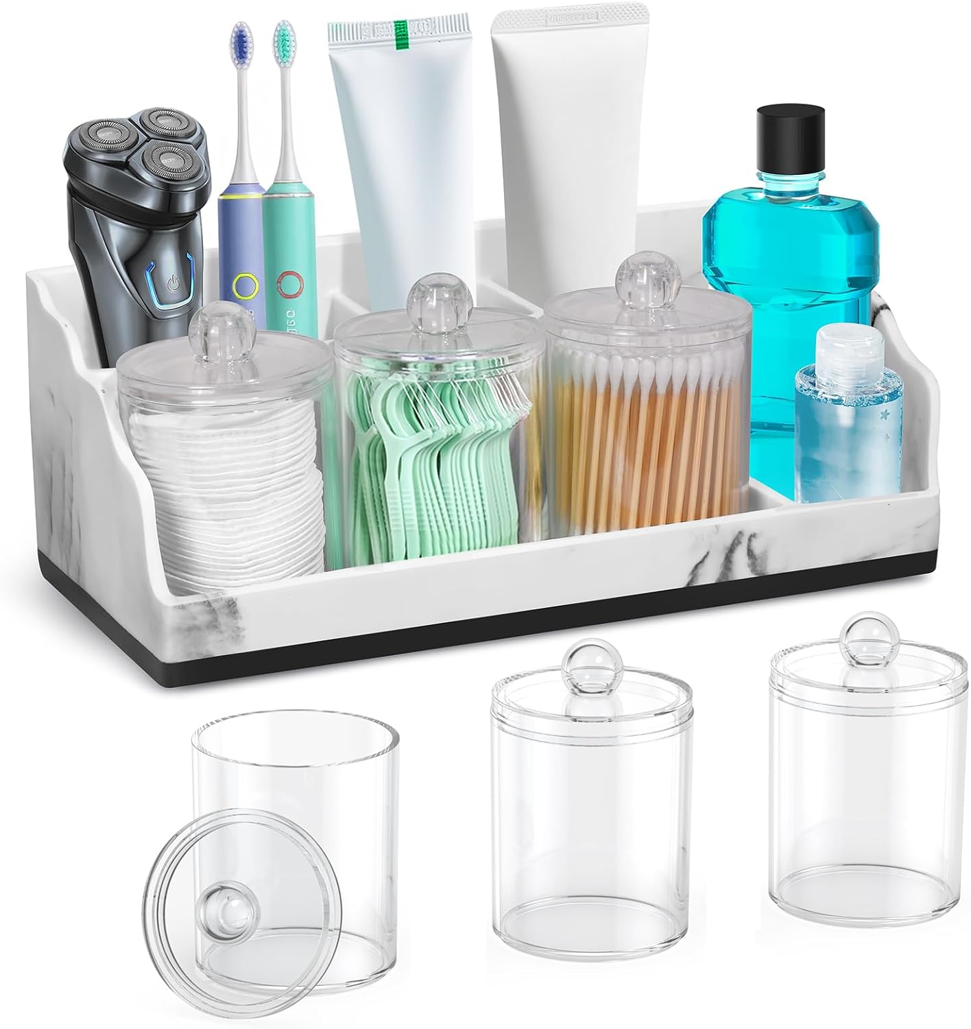 Marble Bathroom Countertop Organizer, Toothbrush Holders for Bathroom with 3PCS Qtip Holder Dispenser and Toothpaste Holder Drainage for Bathroom Accessories Organization Counter Vanity Storage White With 2 Electric Toothbrush Slots