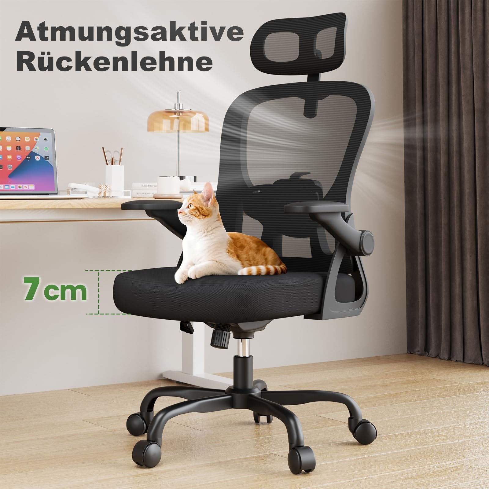 rattantree Bürostuhl, Schreibtischstuhl mit Verstellbarer Rückenlehne/Kopfstütze/Hochklappbaren Armlehnen, Kleiner Drehstuhl mit Wippfunktion 135°, Bürostuhl Ergonomisch mit Netzbezug, Schwarzer