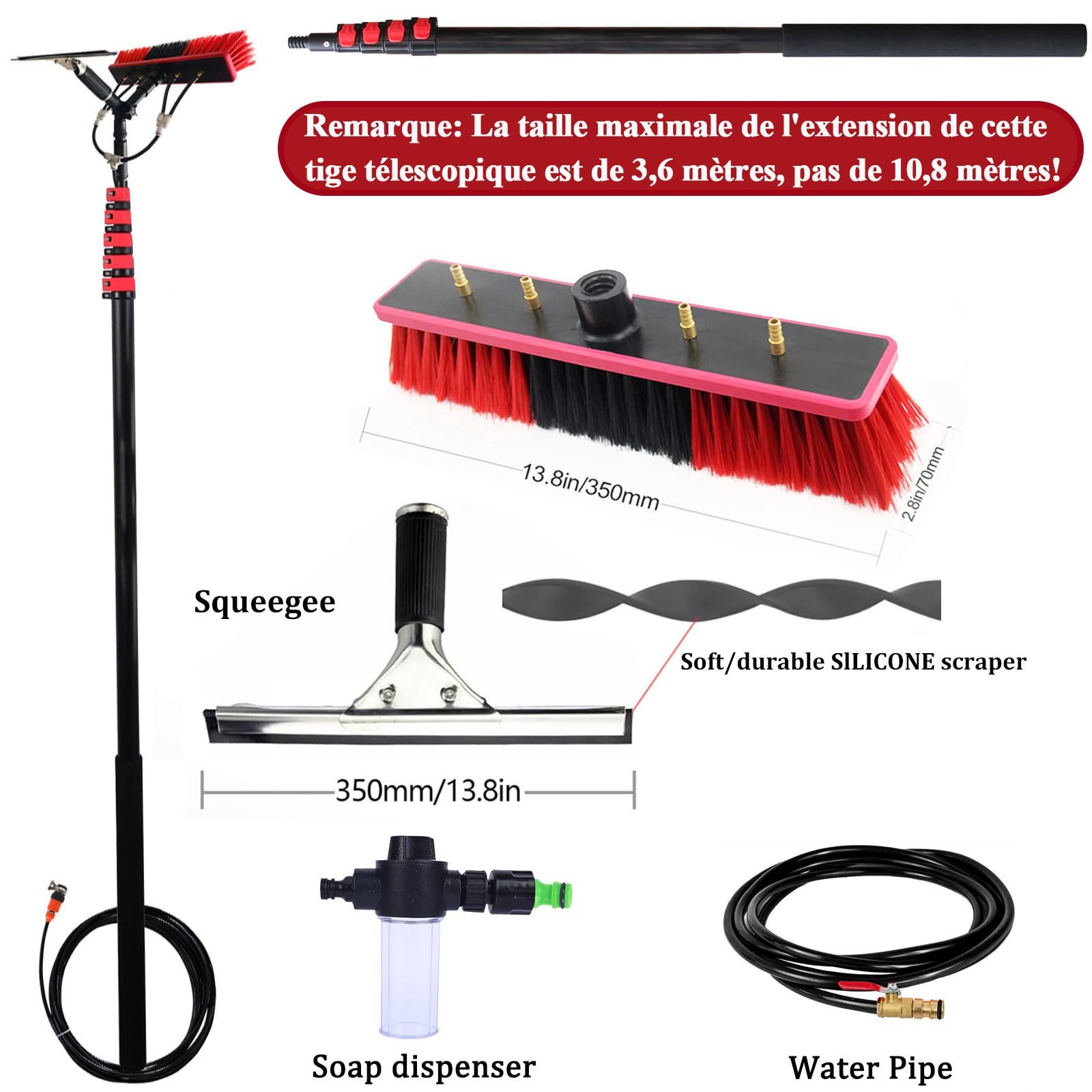 Teleskopstange für Fensterreinigung 3.6-10.8M, Waschbürste mit Seifenspender, Wintergarten-Reinigungsset, PV-Anlage, Terrassendach reinigen (35cm Brush, 3.6M)