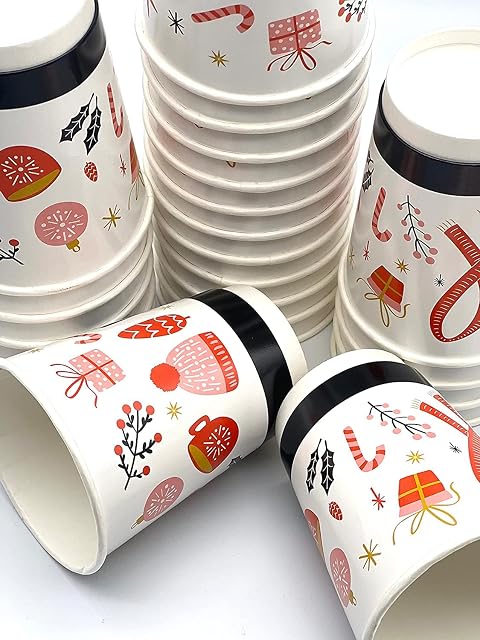 HOT BARGAINS 12oz Christmas Theme White Colour Printed Double Wall Insulated Disposable Coffee Cups for Chocolate Tea, Espresso, and Cold Drinks (50)