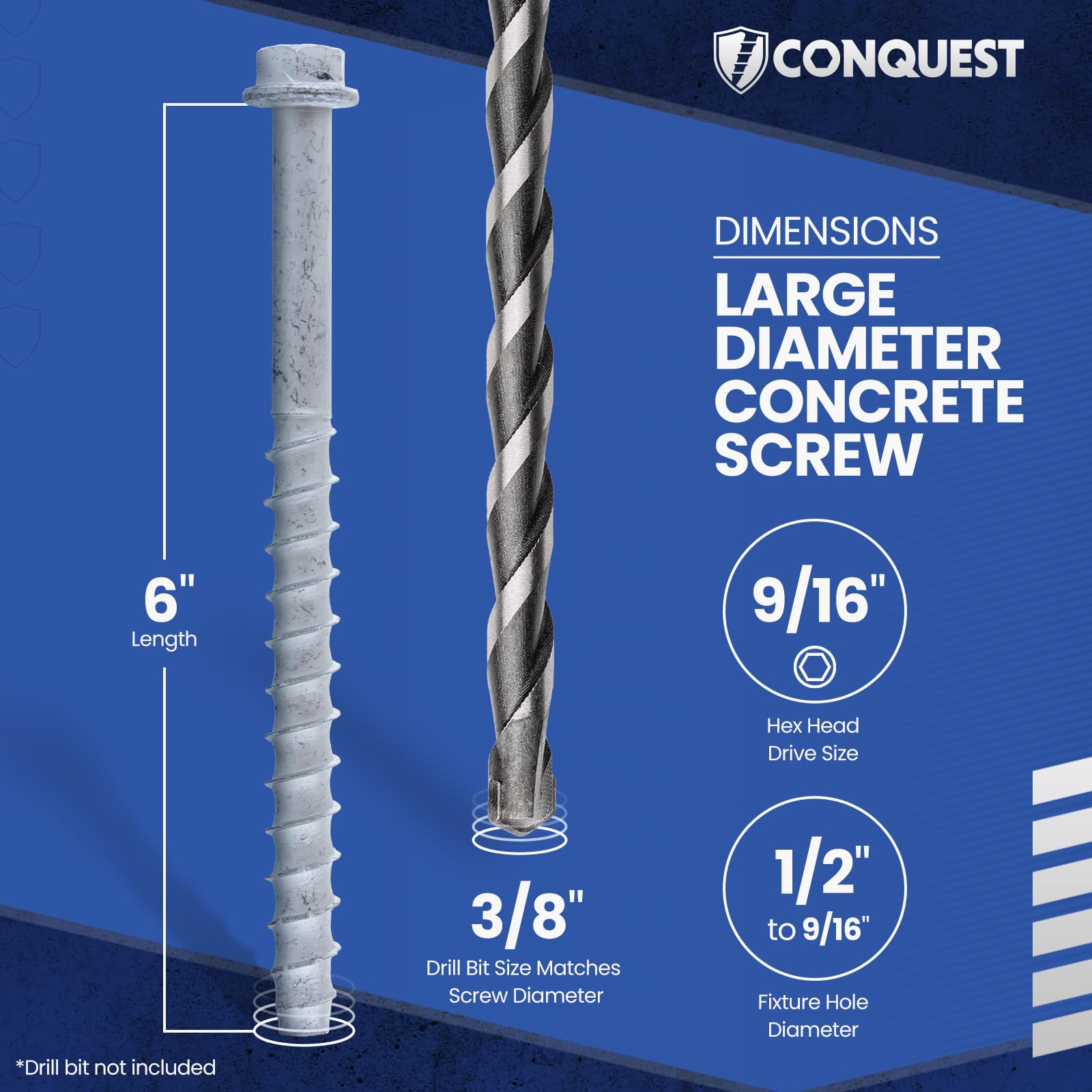 Conquest - Tornillos de hormigón galvanizados de gran diámetro para anclar en mampostería o hormigón sin agrietar (paquete de 50)