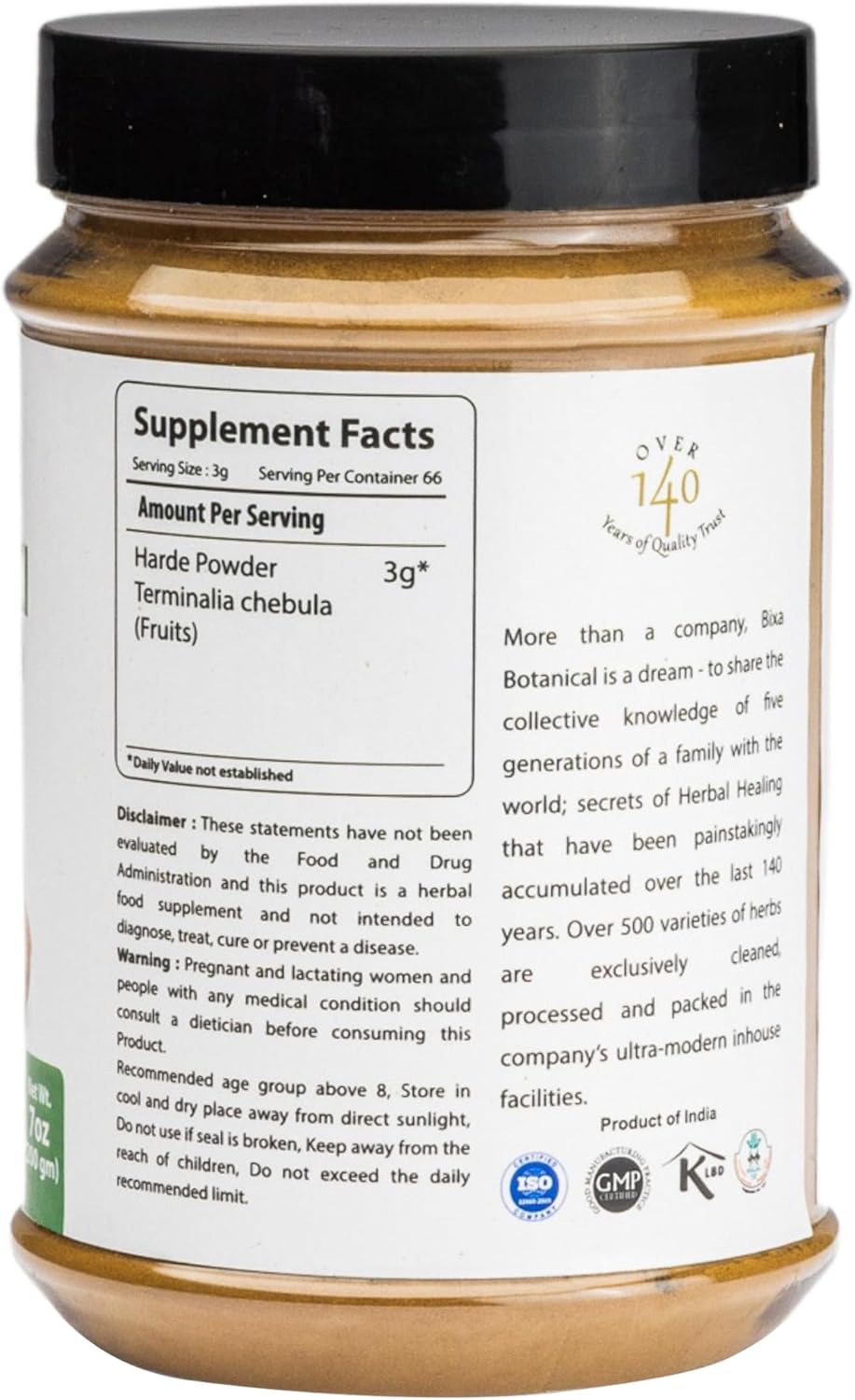 bixa BOTANICAL Haritaki Powder | Terminalia Chebula | 200 Grams / 7 OZ | Gluten Free, Steam Treated, Vegan, 100% Pure.