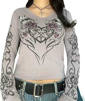 Womens Y2K Grunge T-Shirt Long Sleeve Rhinestone Love Heart