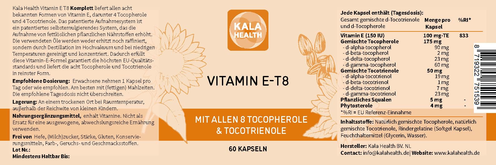 Kala Health Vitamin E - Einzigartige Formel mit allen 8 Tocopherolen und Tocotrienolen - 60 Vitamin E8 T8 Antioxidantien für Haar, Haut & Anti-Aging - GMO & PAK-frei - Hergestellt in der EU