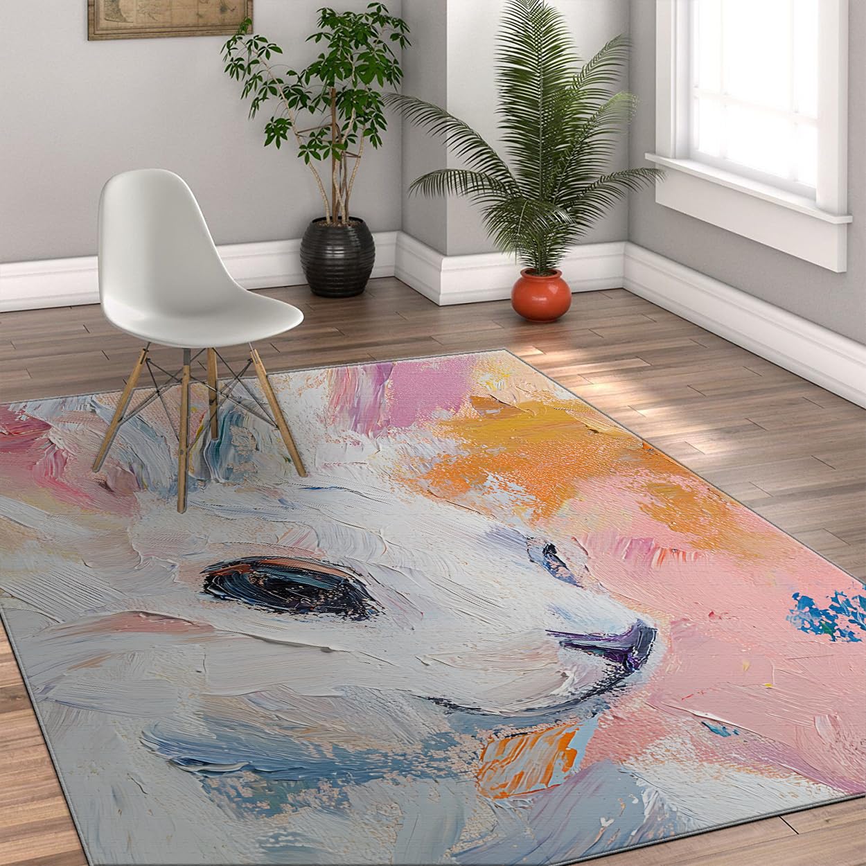 Impressionis Style antypoślizgowe dywany, abstrakcyjny portret królika, z nadrukiem, nadaje się do prania, z niskim runem 200 x 300 cm, akwarela, dekoracja salonu