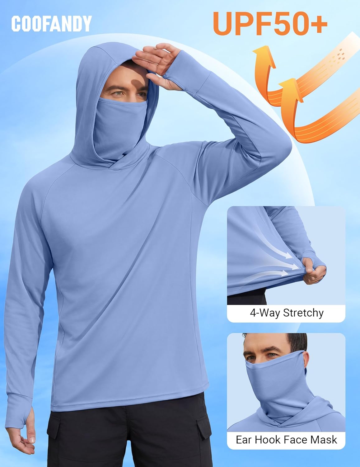 COOFANDY Mens UPF 50+ Sun Protection Hoodie with Mask Lightweight Long Sleeve SPF Fishing Shirts UV Hiking Running Rash Guard - Image 4