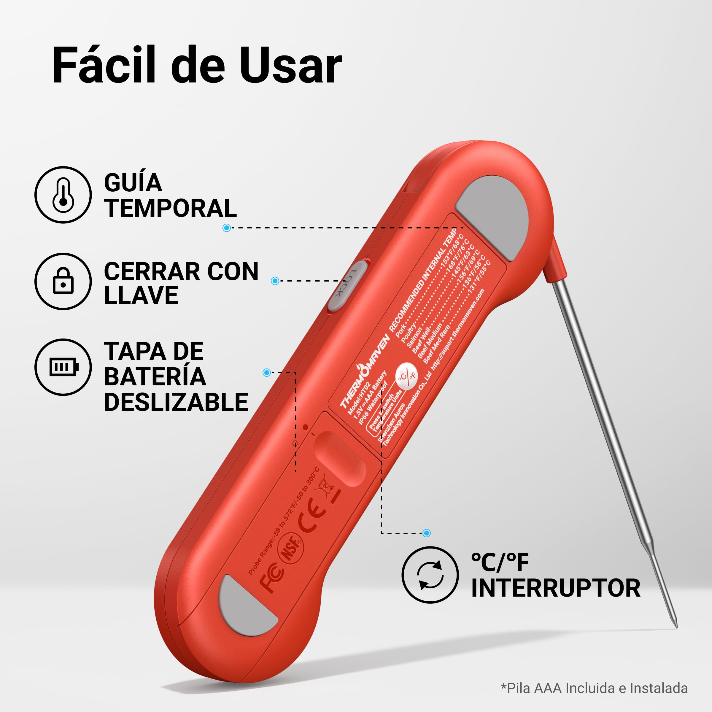 ThermoMaven F1 Termómetro Digital para Carne - Lectura 0,5s Termómetro Cocina, NIST ±0,3°C, IP67 Impermeable Magnético, para Barbacoa Horno Freidora Aire Asado Chuletón, Regalo Hombres Mujeres