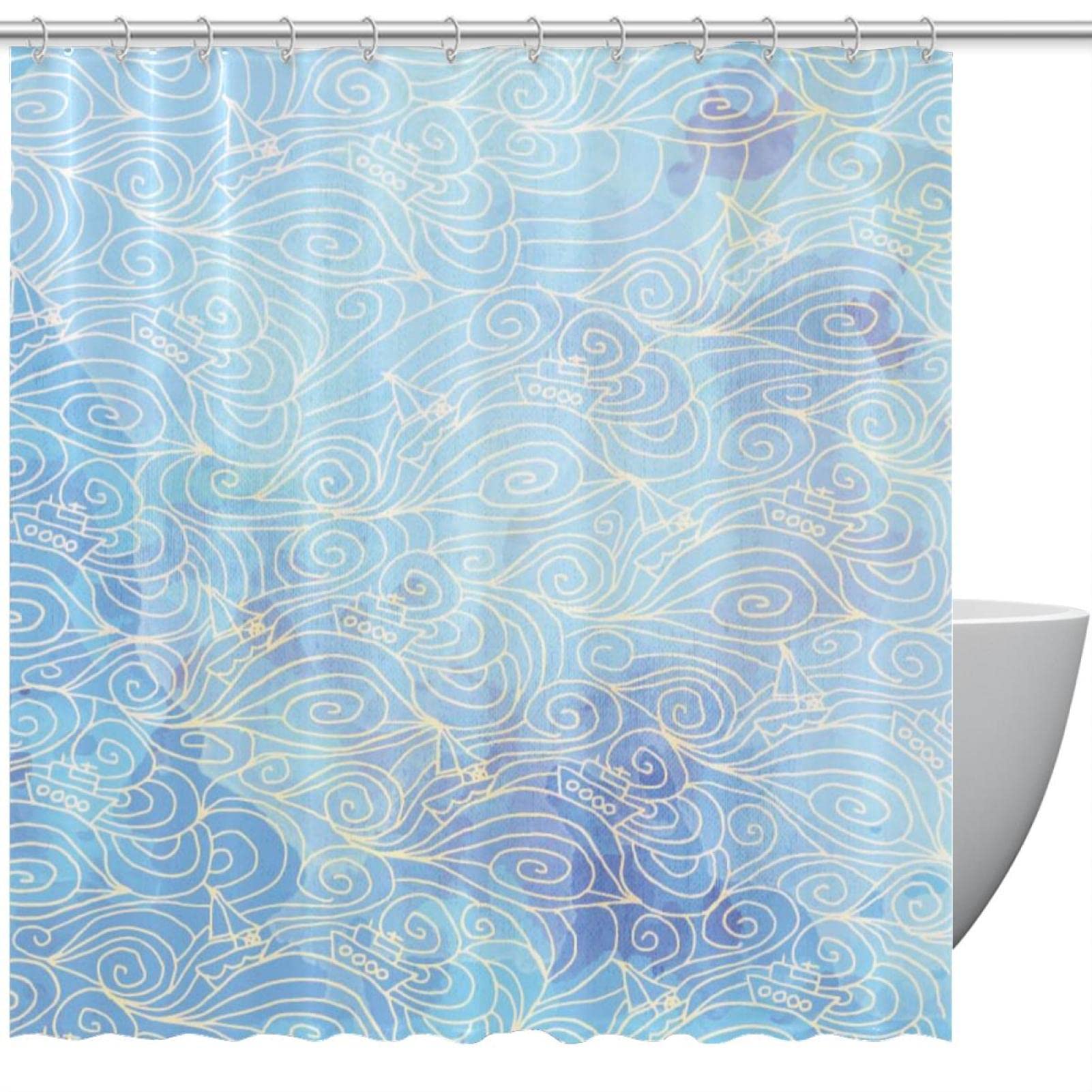 Rideau de douche bleu vagues de la mer pour baignoire 60x72 pouces