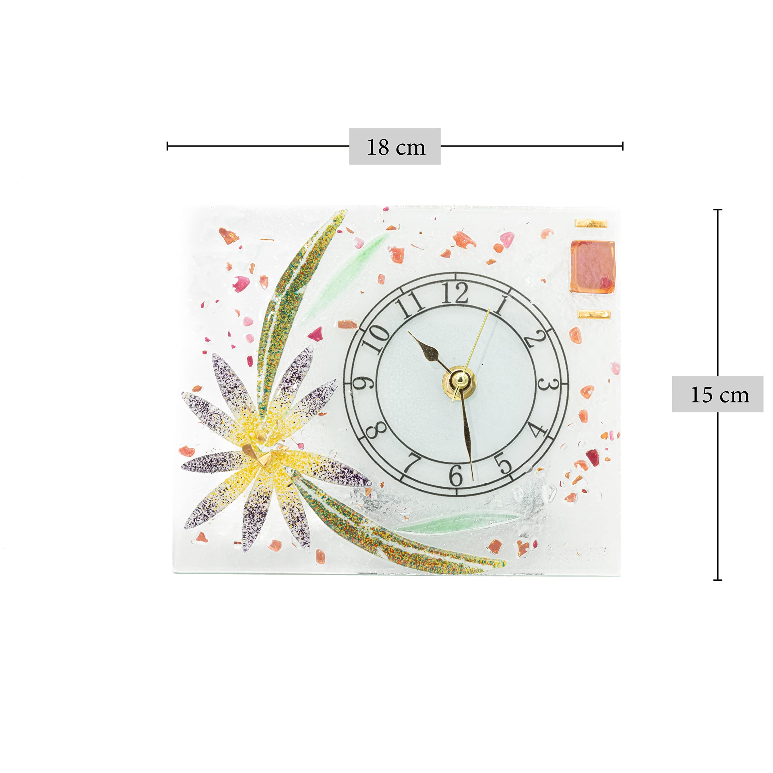 Sospiri Venezia Orologio da Tavolo Vetro Murano Meccanismo Silenzioso Decorato Floreale Oro Idea Regalo Realizzato a Mano Made Italy (18x15 cm)