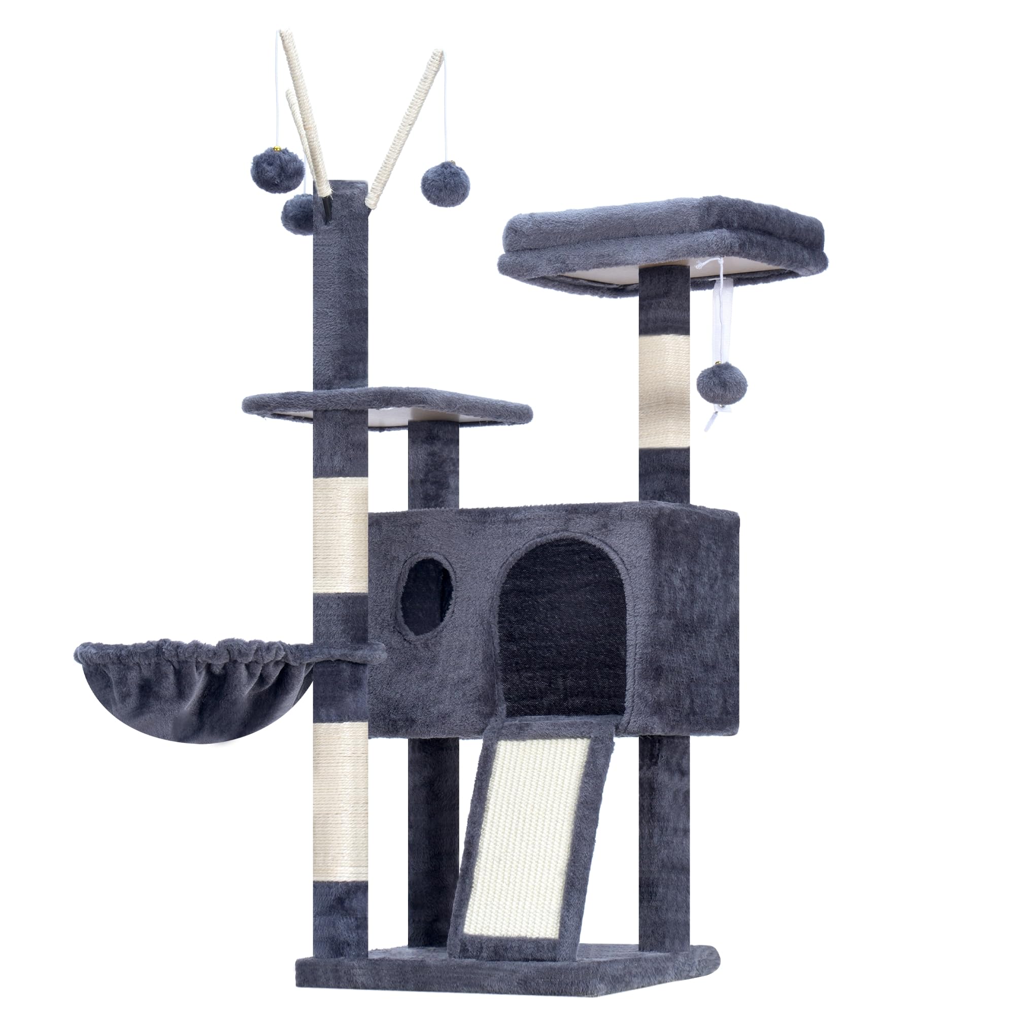 Hey-brother Kratzbaum, 105 cm Klein stabil Katzenbaum mit abnehmbaren Spielzeugen, Höhle, 1 Plattform, 1 Katzenkorb, Sisalkratzplatte und Plüschkugel, geeignet für Kätzchen, Rauchgrau EMPJ008SG