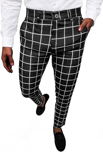 Mens Fashion Grid Printing Slim Fit Casual Pant Plaid Skinny Long Pants Stretch Golf Yoga Business Trouser