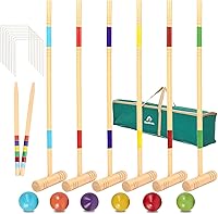 Vista 10 de ApudArmis Juego de Croquet para Seis Jugadores con Mazos de Madera de Goma Premium de 28 Pulgadas, Pelota de Colores, Arcos, Estacas – Juego