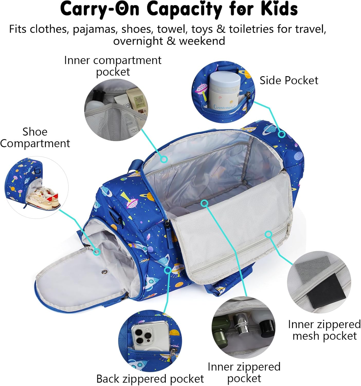 Boys Duffle Bag for Travel, Kids Duffle Bag Large Weekender Overnight Bags with Kids Toiletry Bag Set Shoe Compartment Carry on, Space Blue - Image 3