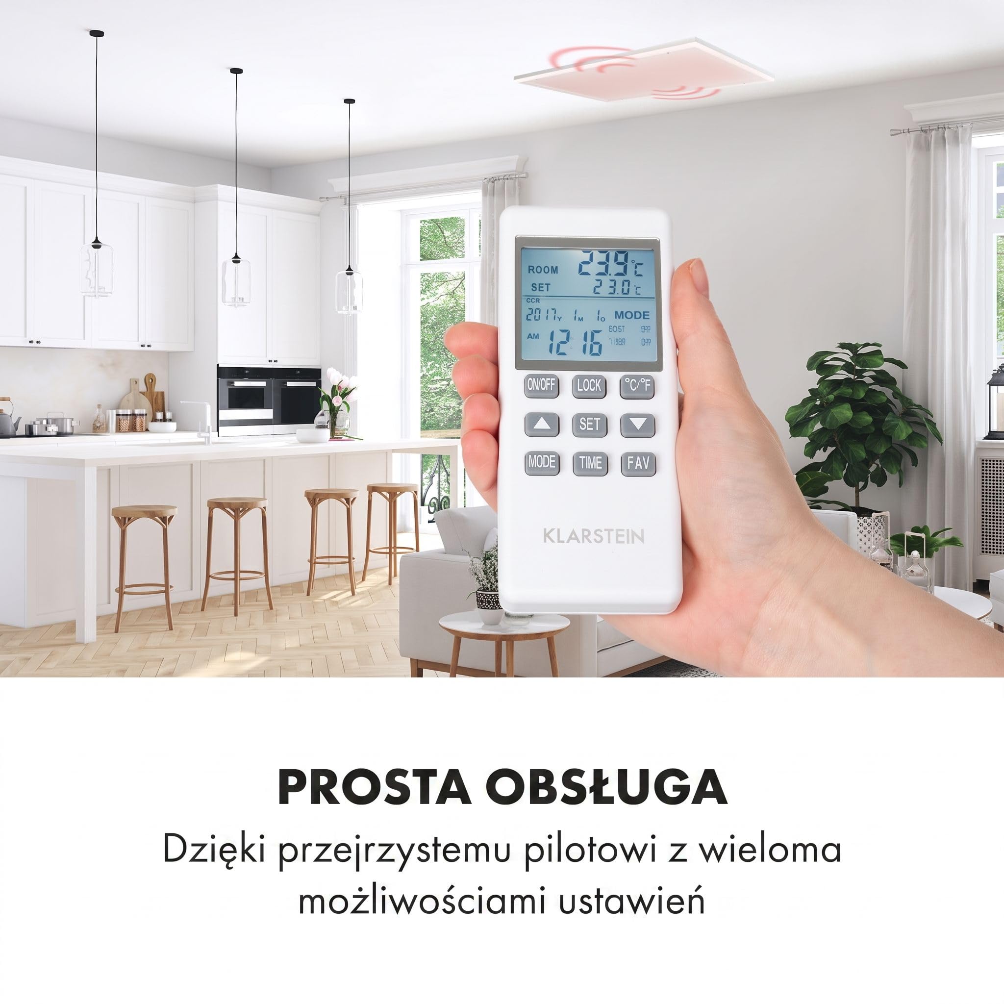 Klarstein Ogrzewanie na podczerwień, Ogrzewanie z termostatem, Grzejnik z wykrywaniem otwartego okna i pilotem, Bez CO2, do montażu sufitowego, IP52, 600 W