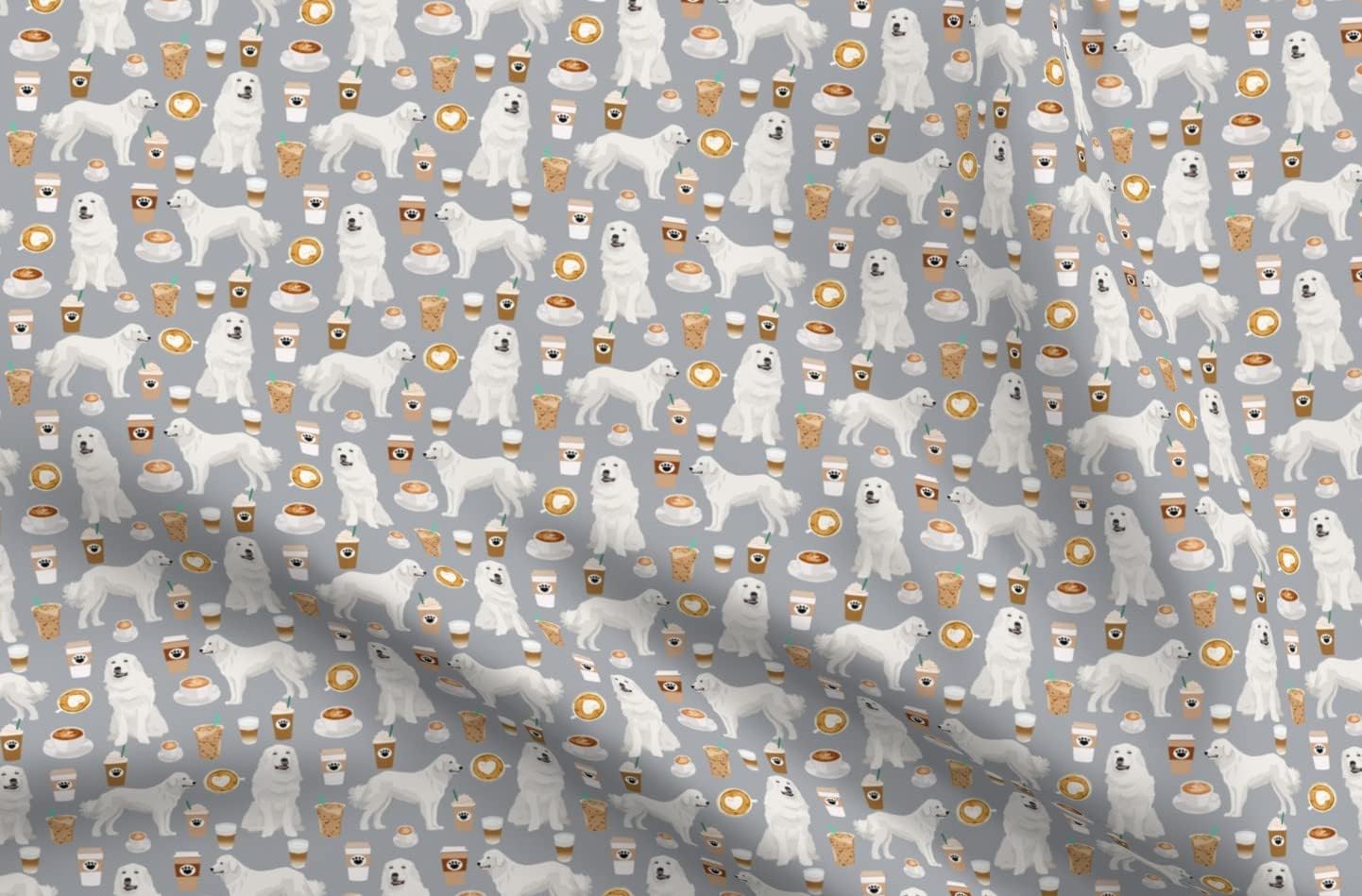 Spoonflower Fabric - Great Pyrenees Dogs Cute Coffees Best Coffee Latte Printed on Upholstery Velvet Fabric Fat Quarter - Upholstery Home Decor Bottomweight Apparel