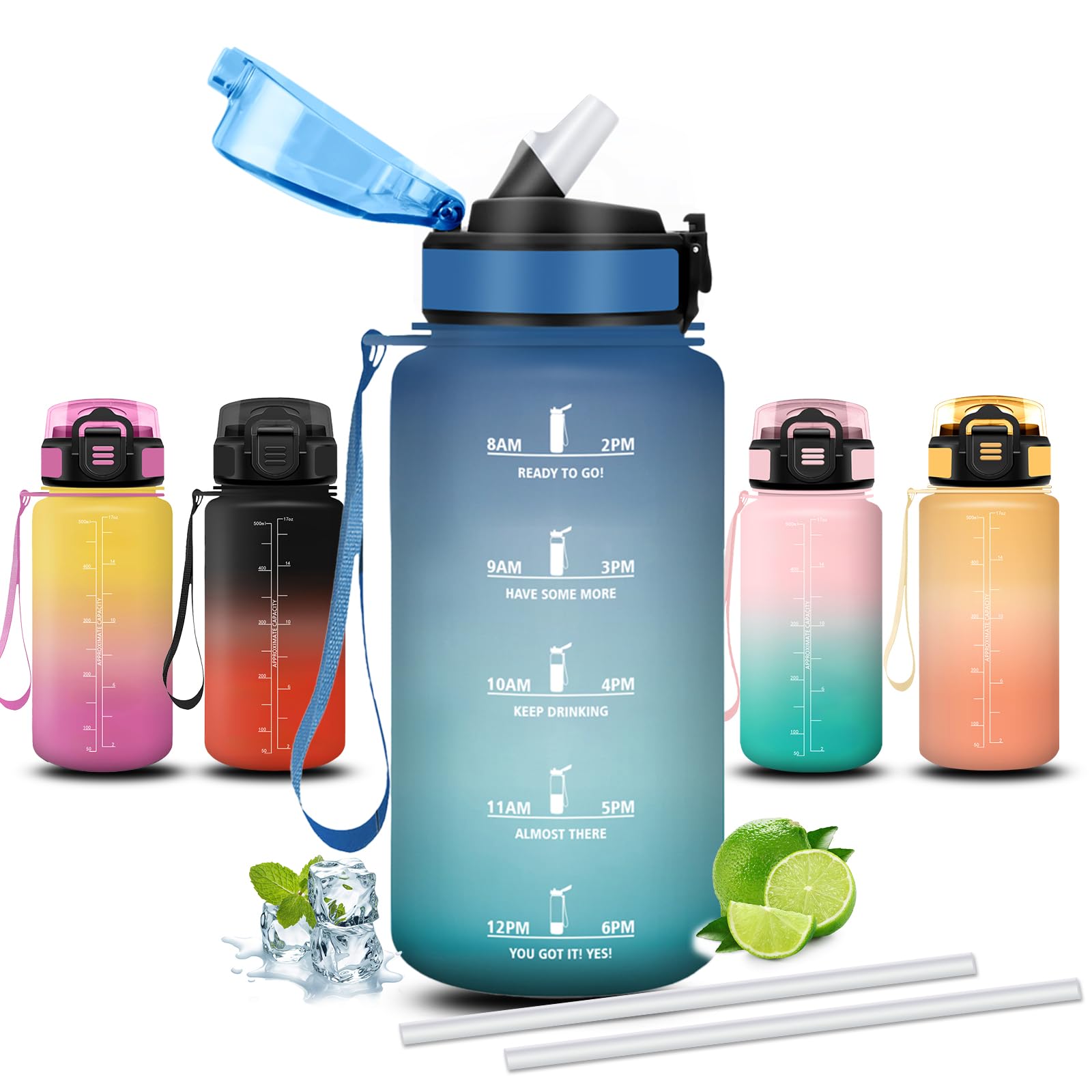 Mujigaga 500ml Kids Water Bottle with Straw Leakless Motivational Easy Clean Motivational Slogan Water Bottles for School Picnic Running