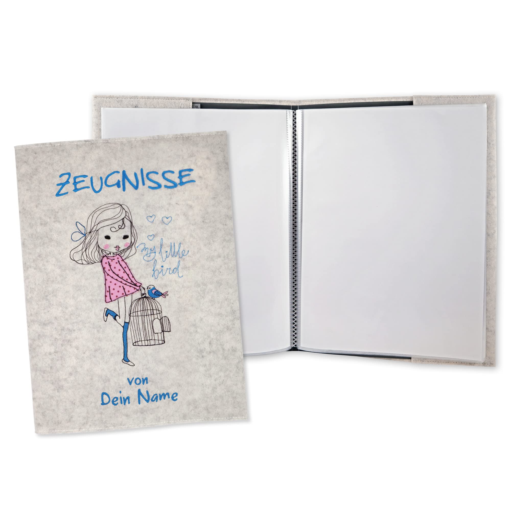 Zeugnismappe My little Bird personalisiert Sichtbuch DIN A4 mit 20 Hüllen - weiß meliert