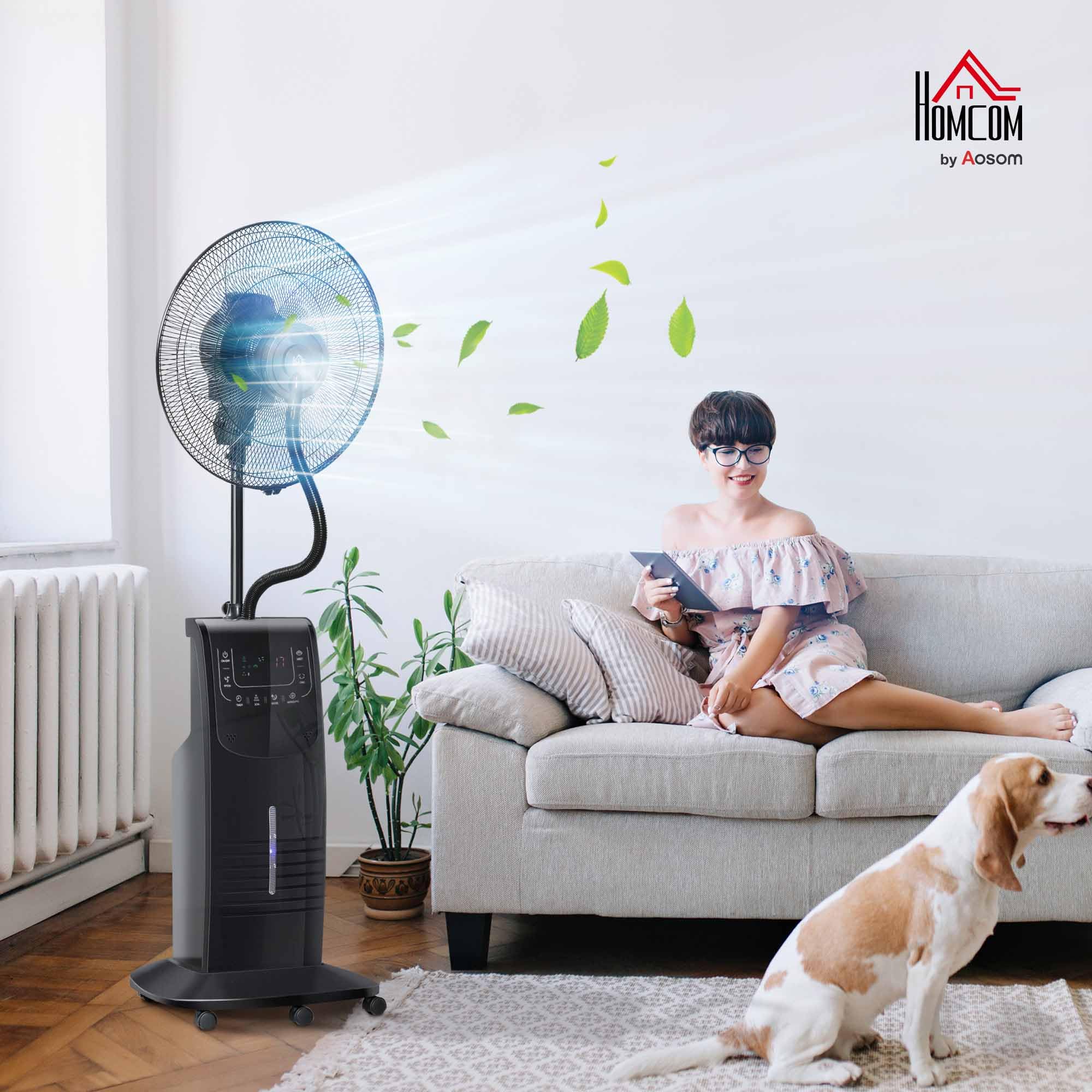HOMCOM Ventilatore Nebulizzatore con Telecomando da 5m, Timer 12h e Oscillazione 70°, 3 Velocità, 3 Funzioni e Antizanzare, Tanica 3.1L, 90W, Ф44.5x135cm Nero