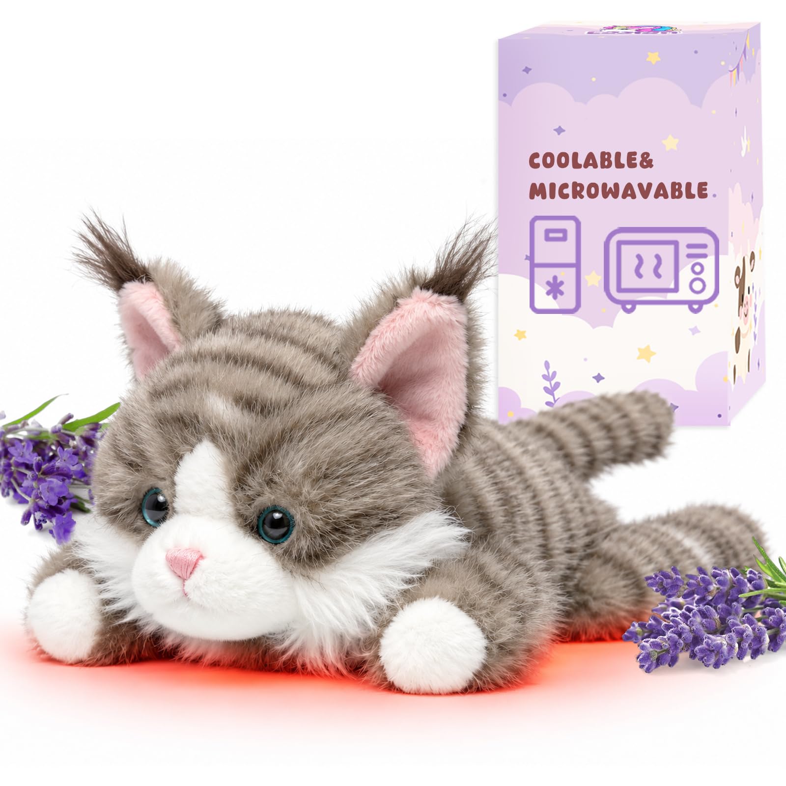 Easfan 12" Microwavable Cat Stuffed Animal Weighted Plush Toy for Kids Grey | Heated & coolable, lavender scented, for relaxation bedtime, ultra soft plushie, for women kids toddlers