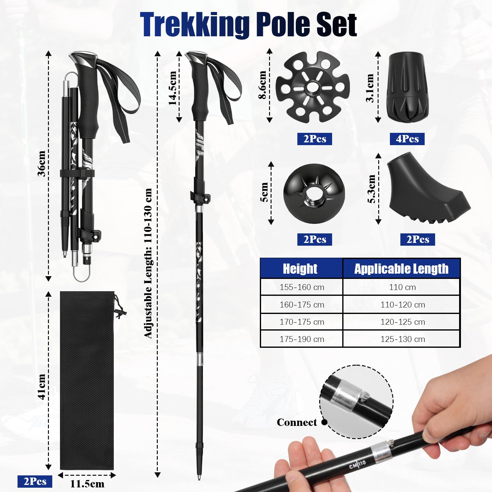 2 Pezzi Bastoncini Trekking Pieghevoli, Bastoni Trekking in Alluminio, Regolabili 110-130cm, Bastoncini Nordic Walking con 4 Paia di Puntali in Gomma, per Montagna, Escursioni, Sci