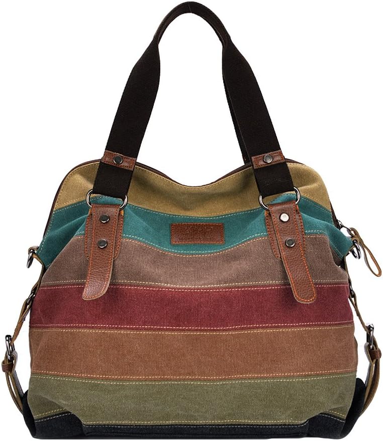 Romacci Retro Men Women Canvas Handbag Color Block Striped Shoulder Bag Crossbody Messenger Bag Tote