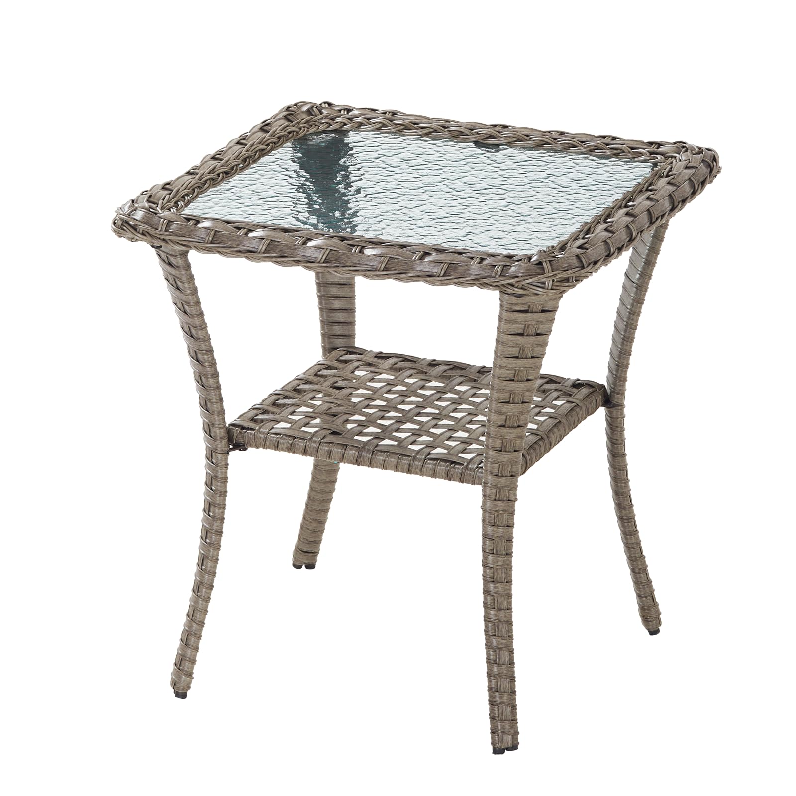 HUMMUH Patio Side Table Outdoor PE Wicker,Rattan End Table Glass Top Coffee Table with Storage Grey