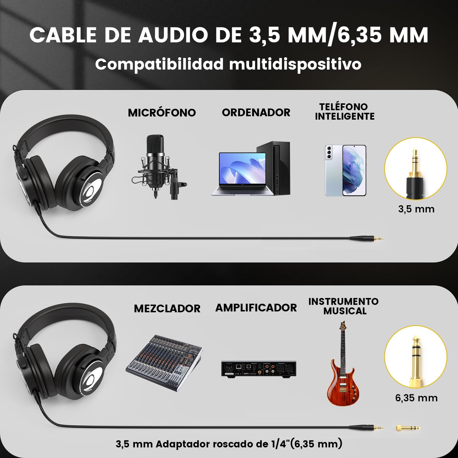 Talomen W50X Auriculares DJ con Cable de ruido,Auriculares de estudio para dj,auriculares con 50mm Controladores, 3.5 y 6.35mm Conector de Audio para PC AMP Grabación de Teléfono Piano Guitarra, Negro