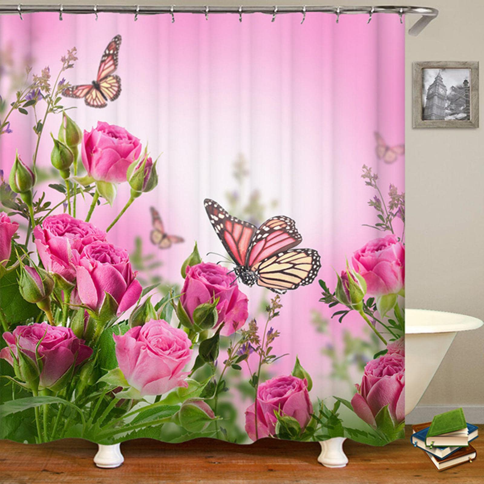 Blumen-Schmetterlings-Dekor-Duschvorhang-Rosa-Rosen-romantische Blumen-Grün-Blätter-szenische Stoff-Polyester-Badezimmer-Vorhänge 300x200cm/118x78in(WxH)
