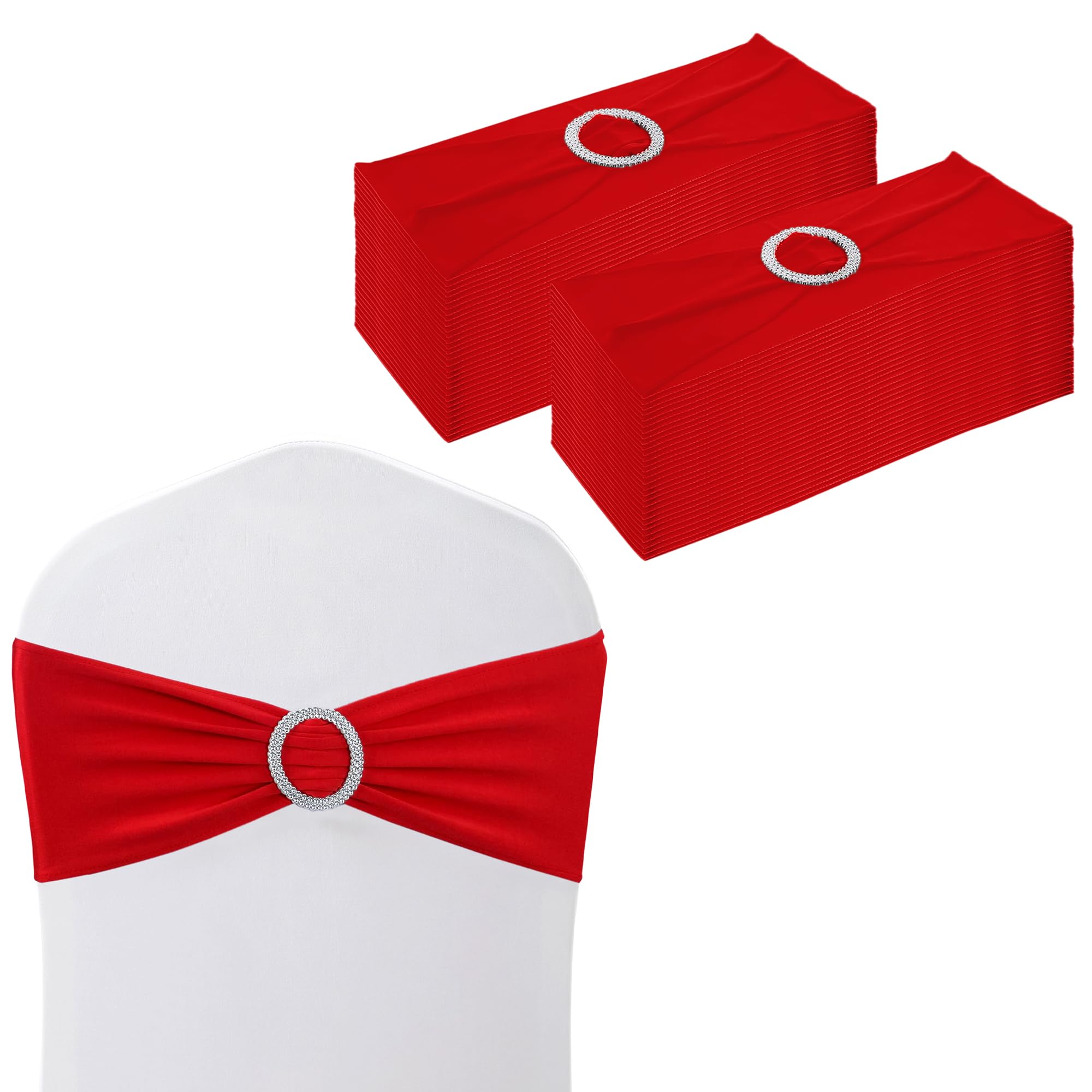 WedDecor Stretch Chair Bands Plain Spandex Band with Slider Buckle for Wedding Party Chair Decoration, Events Supplies, Formal Meeting, Red, 13 x 6 Inches, 25pcs