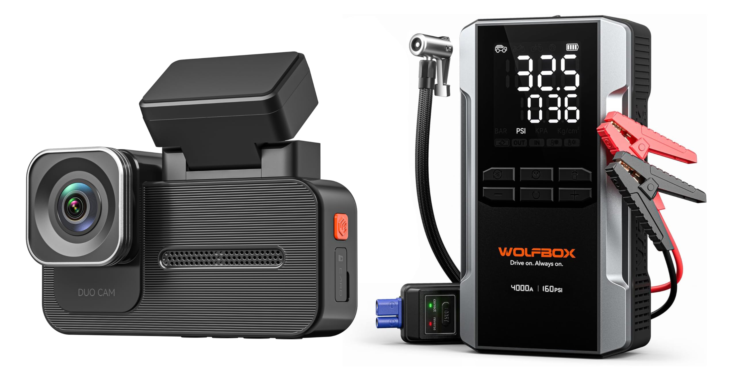 WOLFBOX 4000A Jump Starter with 160PSI Air Compressor X5 Duo Dash Cam