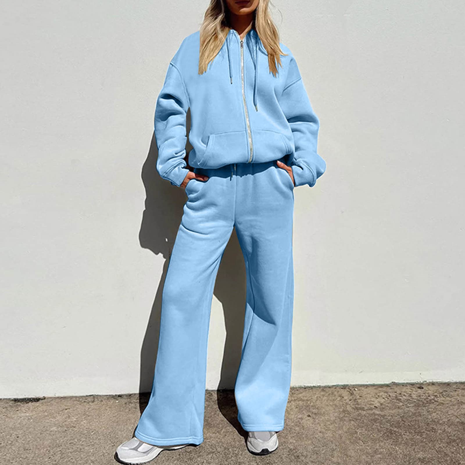 Tuta da corsa invernale da donna, con fodera interna in pile, tuta da jogging in due pezzi con coulisse, tasche, tuta da jogging a maniche lunghe, chiusura lampo, felpa con cappuccio e