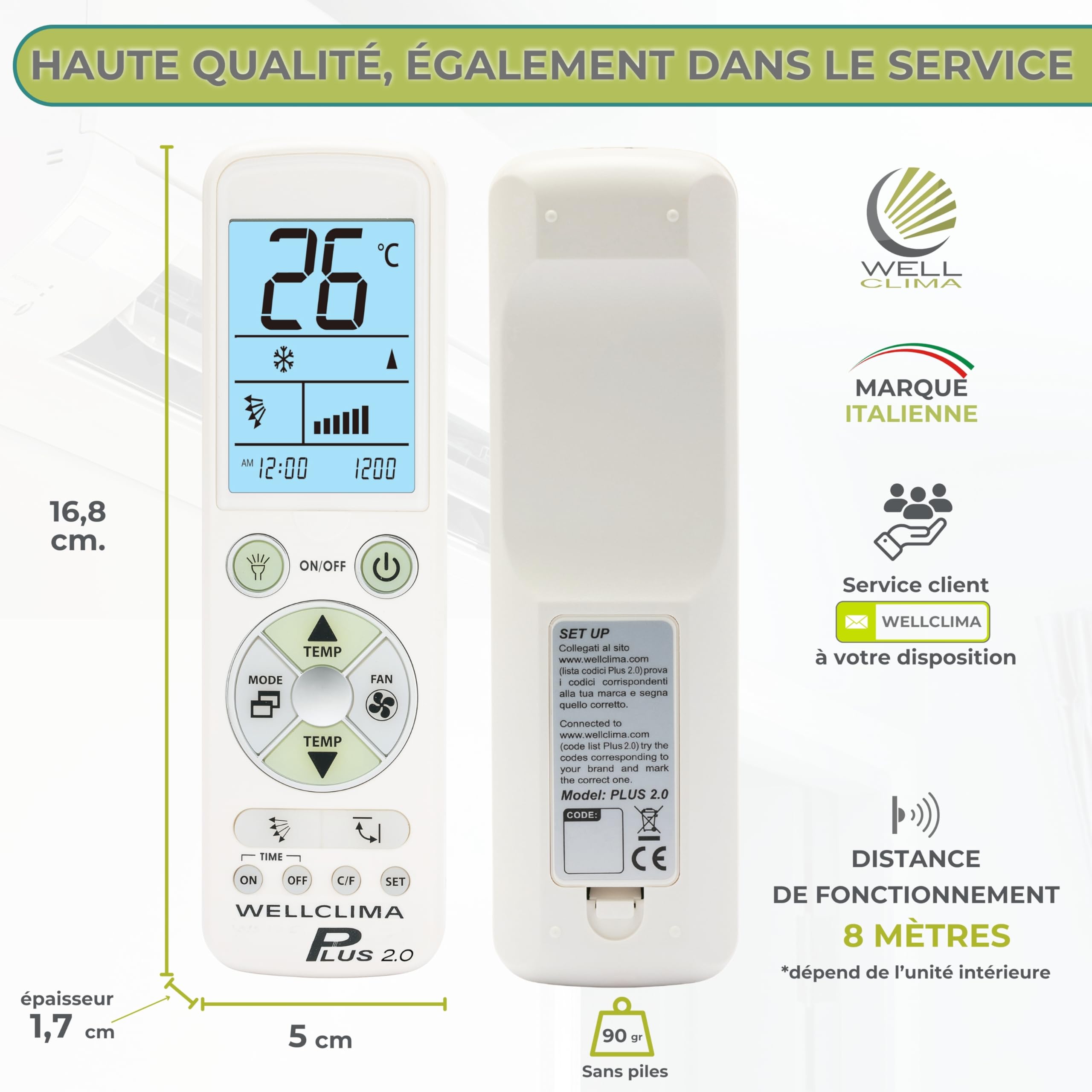 Wellclima Plus 2.0 – Télécommande Universelle pour climatiseur avec la Plus Large compatibilité du marché, Clavier et écran rétroéclairés, Lampe Torche LED, Assistance directe Wellclima