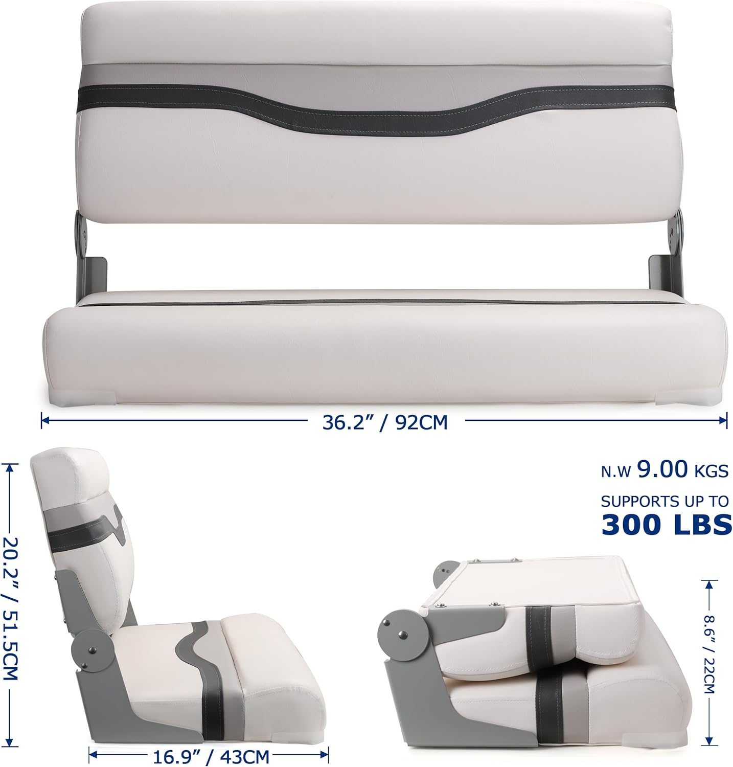 Boat Bench Seat for Fishing Boat, NORTHCAPTAIN Double Folding Boat Seat 2 Person with Marine-Grade Vinyl and PE Frame, Padded Cushion for Bass Boat Jon Boat Pontoon,White/Light Grey/Charcoal