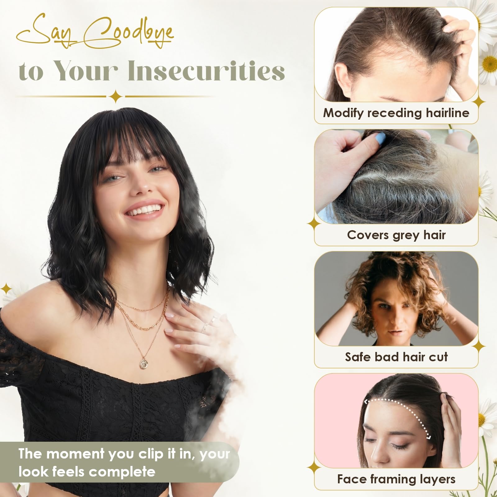 Rich Choices Haartopper Echthaar mit Pony 100% Remy Human Hair Topper Clip in Haarteil Echthaar Topper Damen für Natürlicher Oberkopf 14g #4 Mittelbraun Wispy Bangs