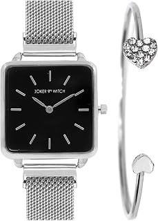 Joker & Witch Stainless Steel Unity Silver Magnetic Analogue Watch Bracelet Gift Set For Women, Black Dial, Silver Band Price In India