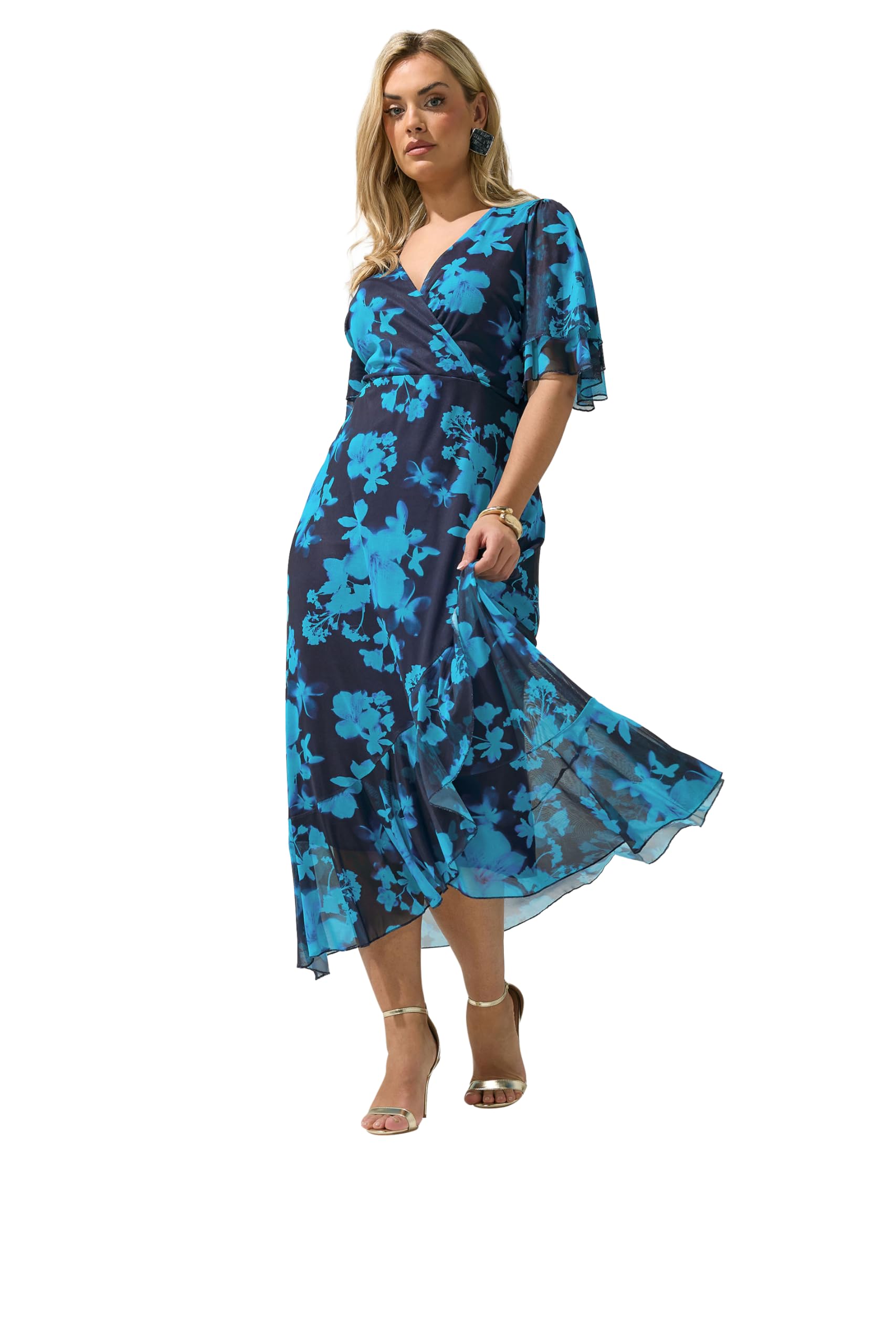 Yours London Curve Navy Blue Floral Mesh Ruffle Hem Dress - Women's - Plus Size Curve