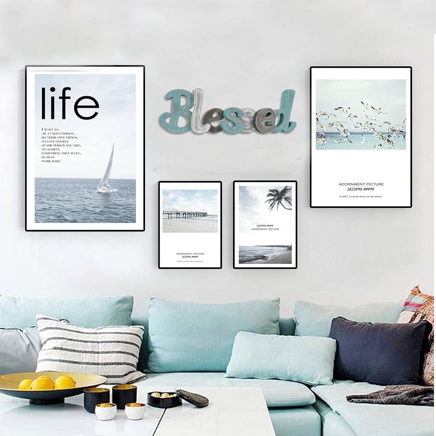 Teal Blessed Sign for Home Decor, Freestanding Wood Cut Out Letter for Living Room Table Top Shelf Wall Hanging Decor