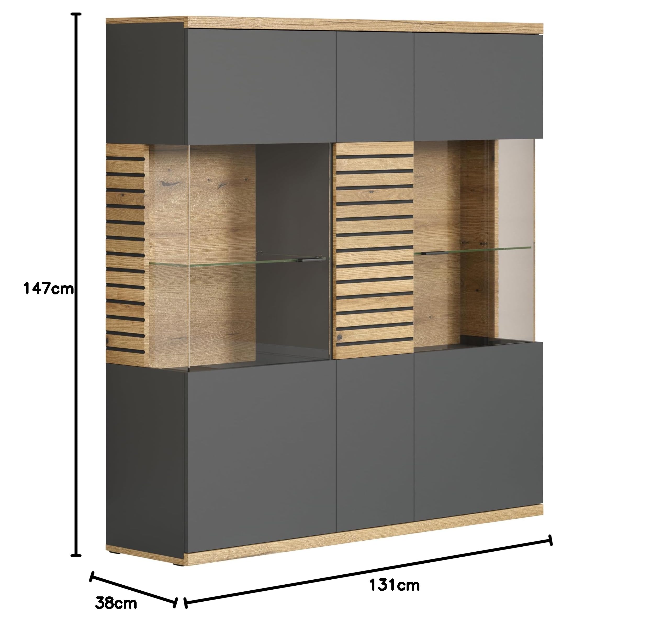 trendteam smart living - Norris - Vitrine - Anthrazit/Evoke Eiche - Highboard mit 15 Fächern - (BxHxT) 131 x 147 x 38 cm - Soft-Close-Türen und Vollauszug-Schubladen - kratzfest