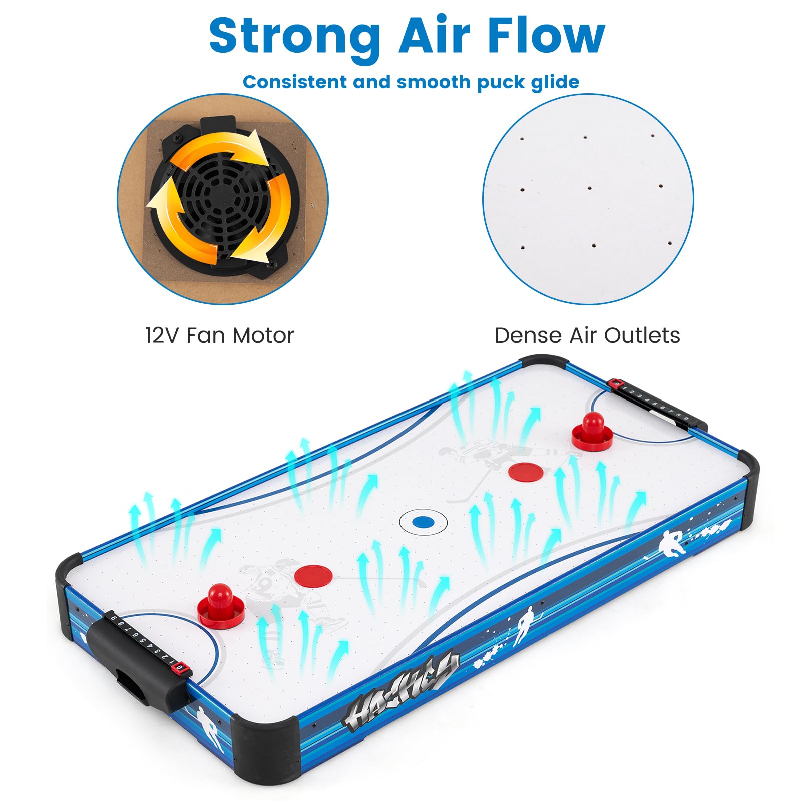 HOMASIS Tavolo da Air Hockey Elettrico, Tavolo da Gioco con Motore da 12V, Inclusi 2 Puck e 2 Slittini, Hockey da Tavolo per Bambini e Adulti, Blu+Bianco