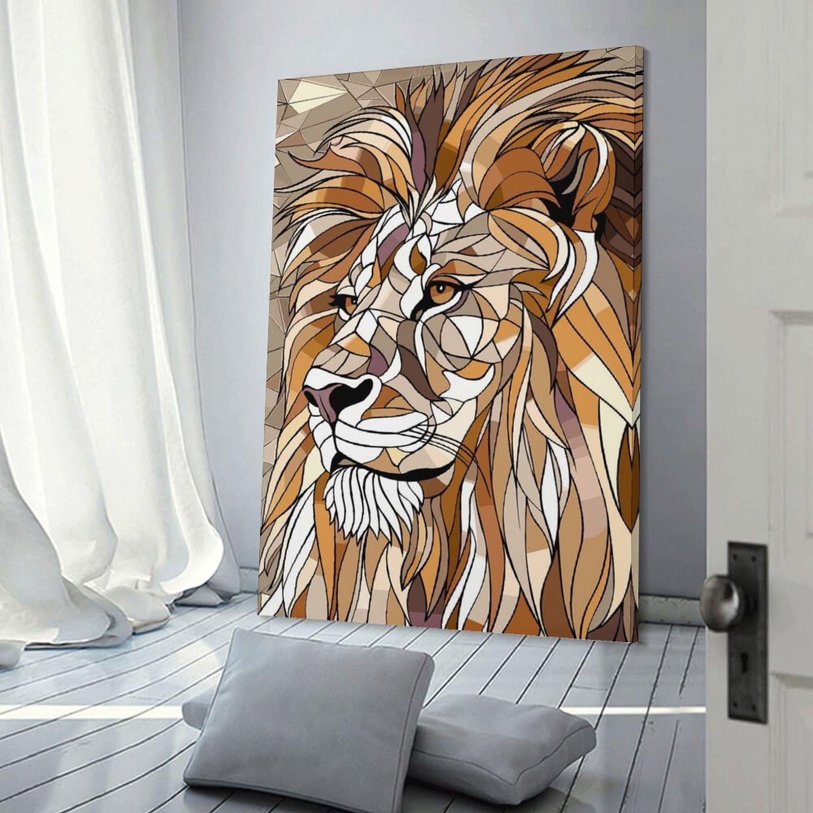 Junmoney Canvas Art Print Geometric Lion Portrait, 20x30inch(50x75cm), for Office, Study Or Home Workspace, Home Office Artwork with Decorative Appeal