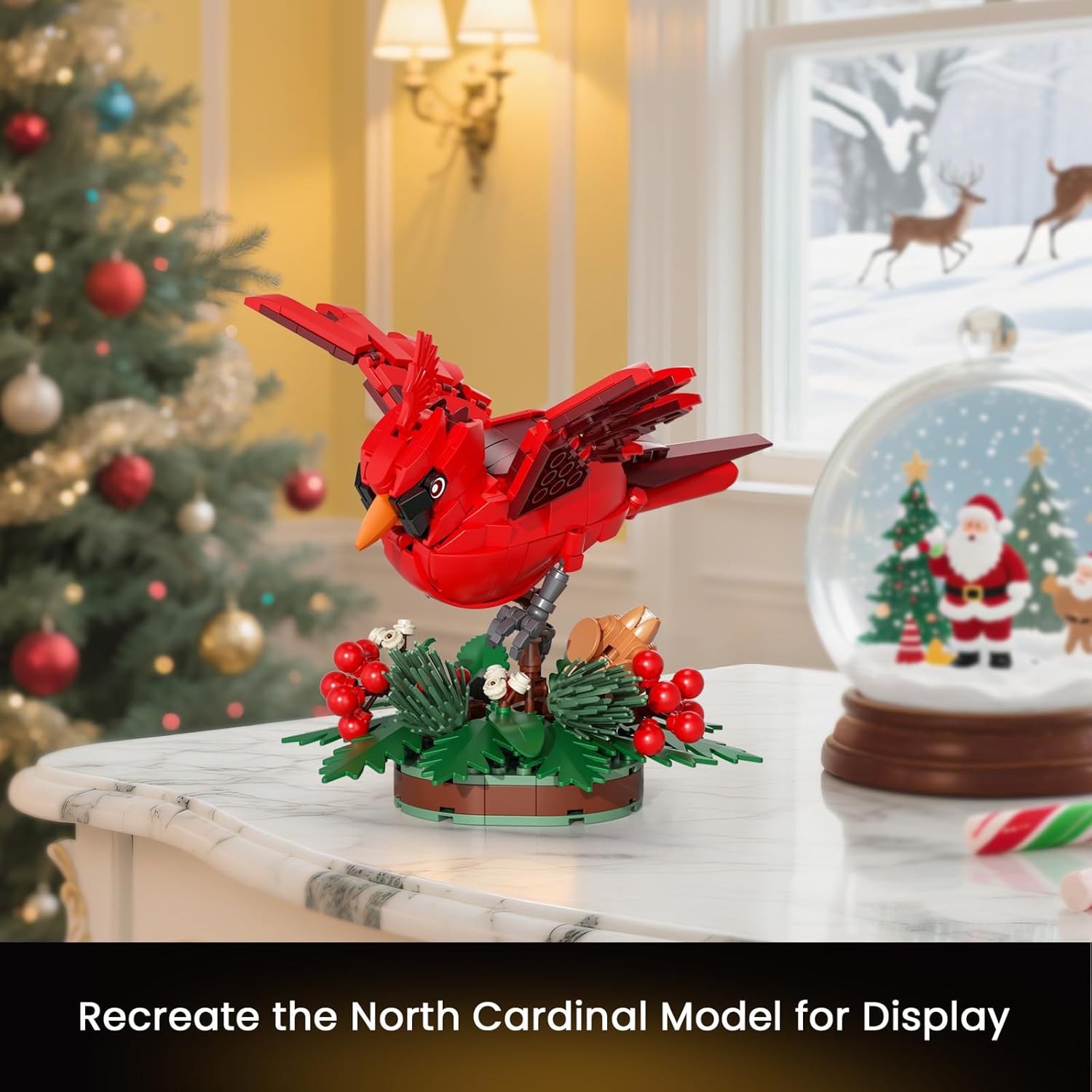 Image showing the completed Northern Cardinal model displayed on a white surface with a winter background.
