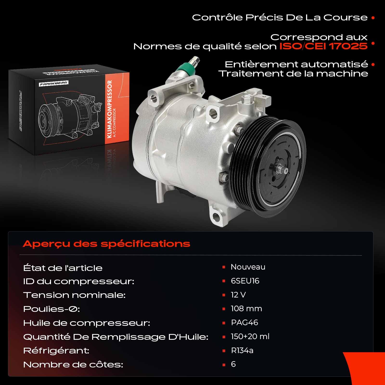 Frankberg Compresseur de climatisation avec embrayage 9675655880 | Compatible avec: C4 II NC, Grandland X A18 P1UO, 208 II UB UJ UP UW, DS5, C3 Aircross II 2C 2R, 308 II L3 LB LH LP LW