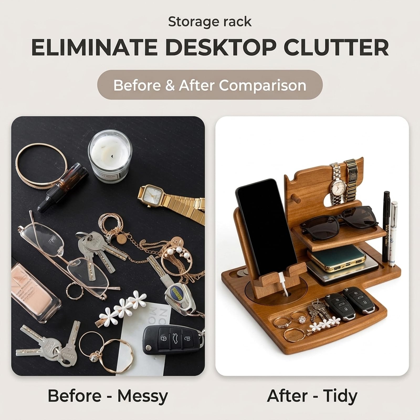 Organiseur de table de chevet en bois pour homme avec support montre – Station d'accueil multifonction pour téléphone, table chevet, plateau rangement pour téléphone, lunettes, bijoux